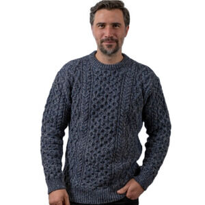 Aran Crafts Wool Cashmere Crewneck Cableknit Fisherman Unisex Blue Tall Sweater